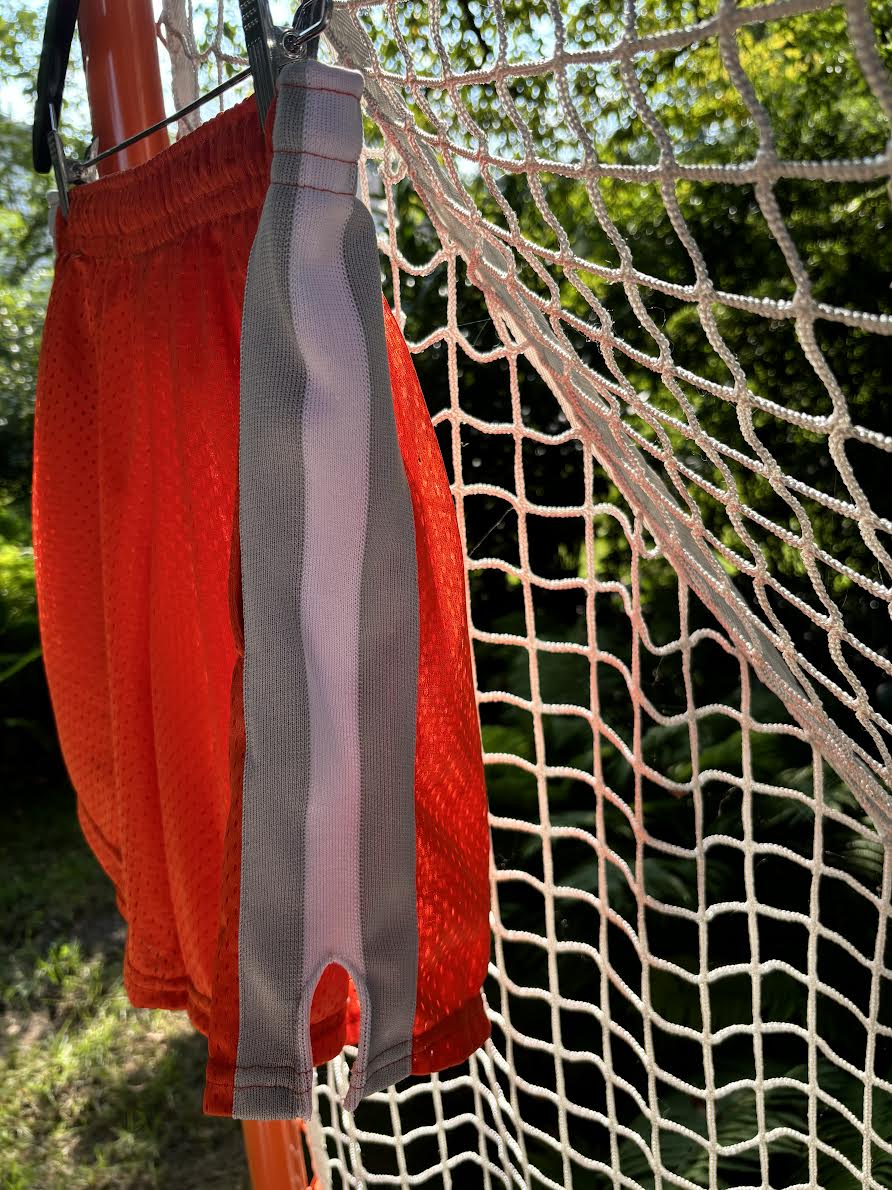 ORANGE MESH W/ GREY, WHITE, GREY KNIT STRIPES